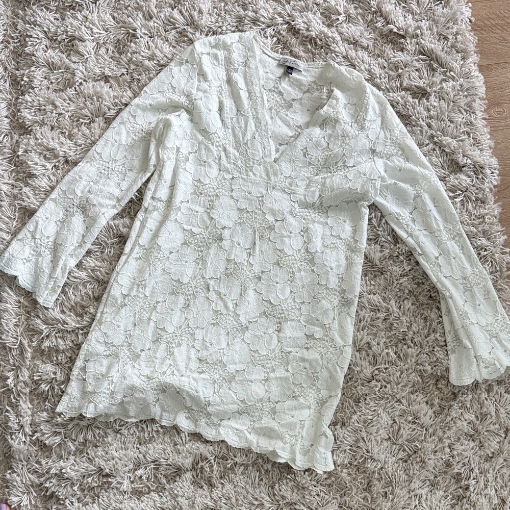 White Lace V-Neck Long Sleeve Beach Cover Up Dress Bachelorette Swim M